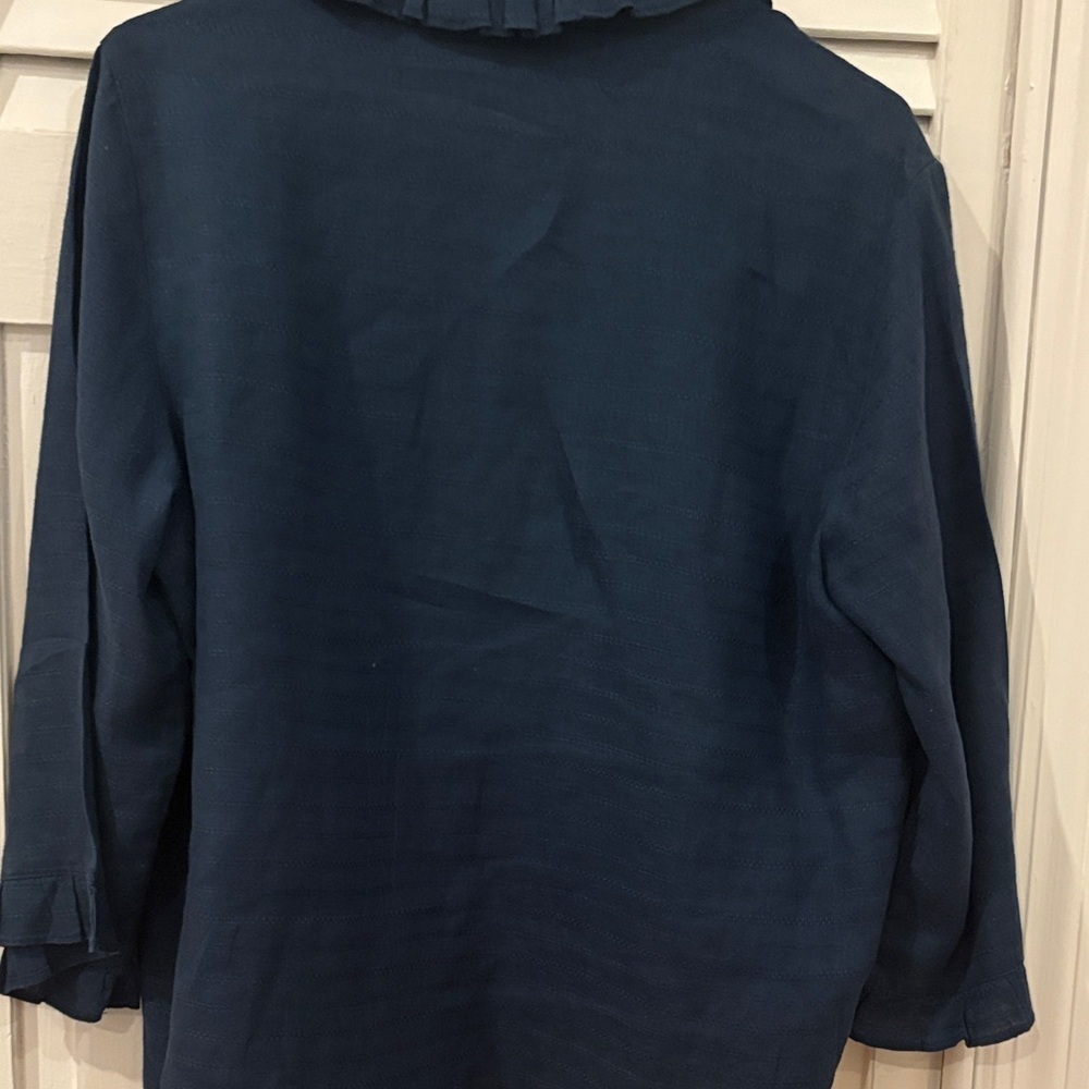 Navy Ruffled Wrap Linen Blouse - Picture 8 of 10